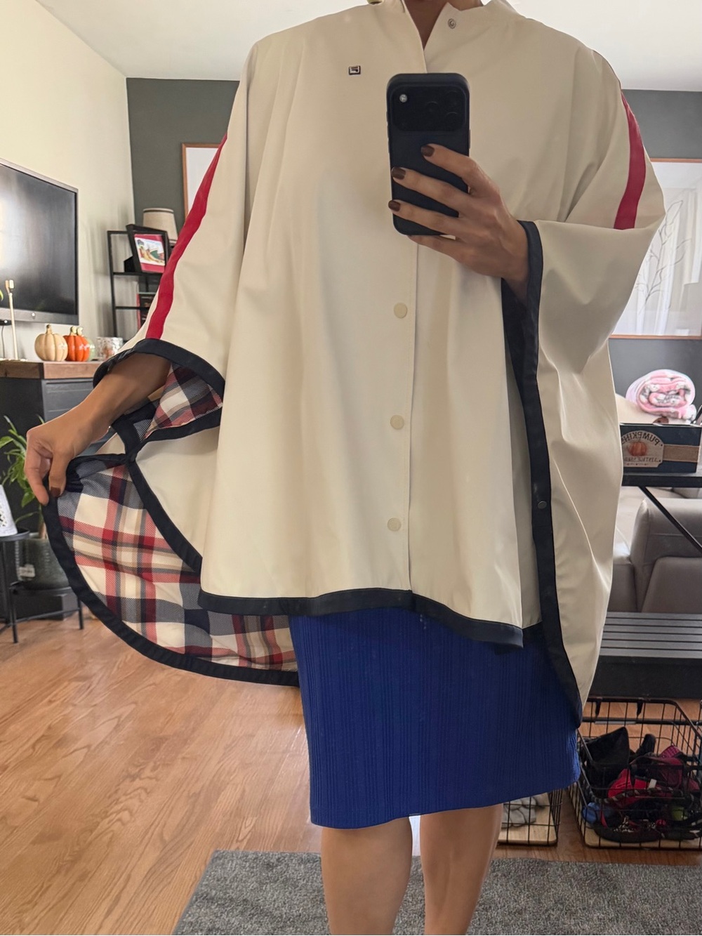 FILA Rain Cape with Red Stripe and Plaid Lining